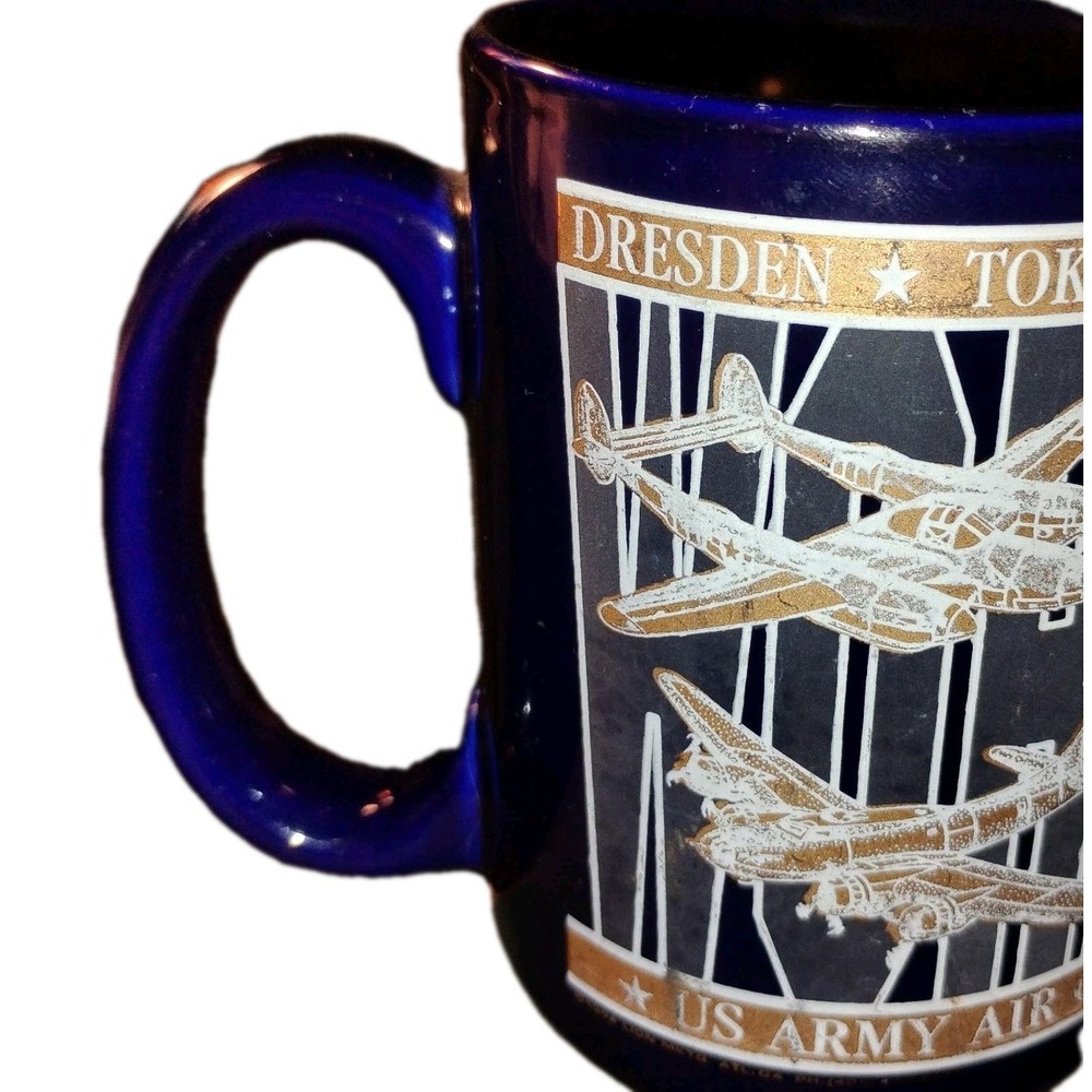 World War II Coffee Mug Army Air Corps Navy Blue & Gold Dresden Tokyo Berlin etc